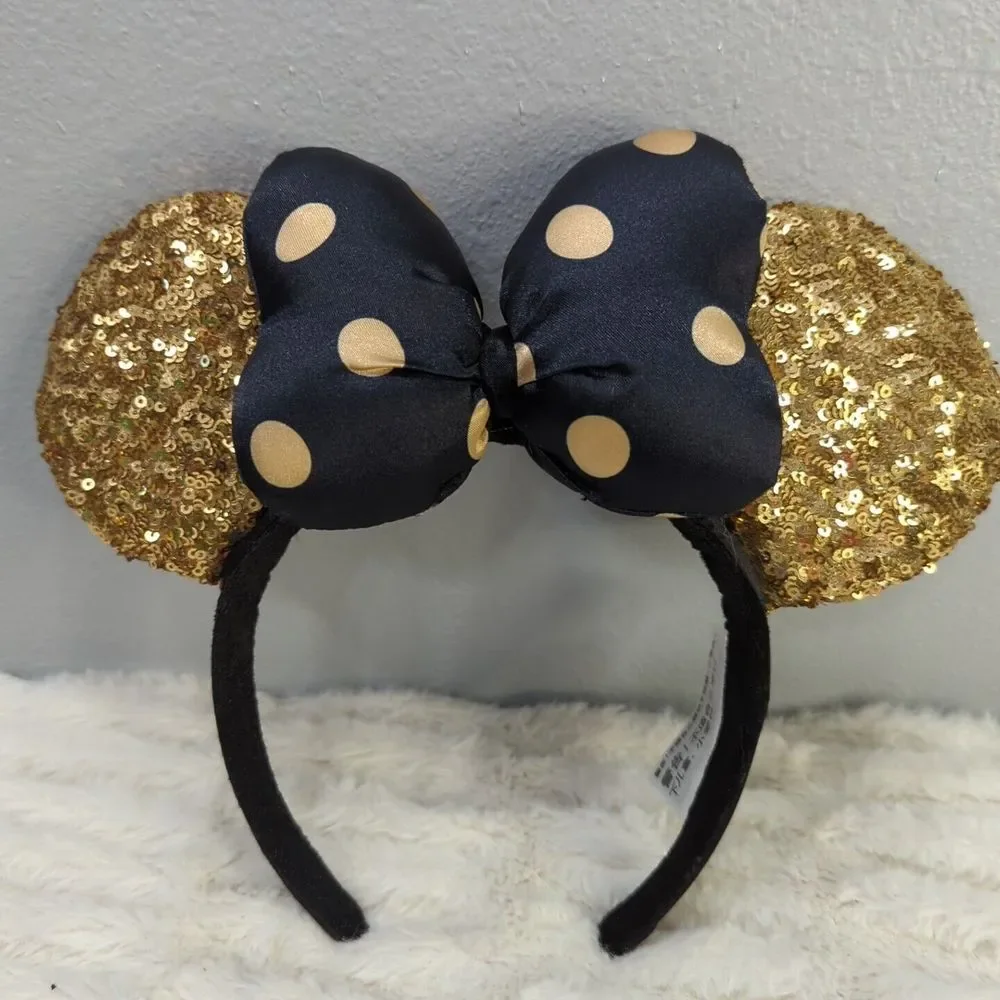 Disney Parks Minnie‎ Mouse Gold Sequin Ear Headband Black & Gold Polka Dot Bow